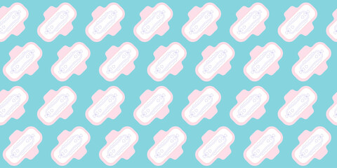 Seamless pattern with sanitary pad on blue background. Feminine hygiene. Personal hygiene item for menstruation. Texture with female pad. Vector illustration with sanitary napkin © Morena