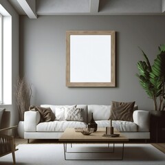 Fototapeta premium Blank white photo art frame mock up design showcase in modern bathroom Generative AI 