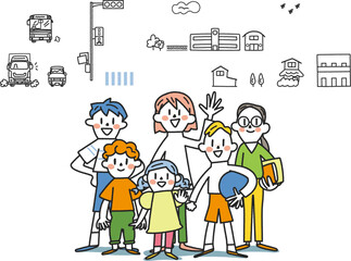 1年生から6年生の元気な小学生と通学路　セット　イラスト素材
