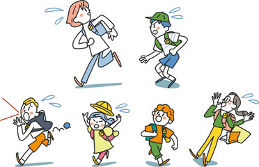 逃げ惑う小学生　セット　イラスト素材

