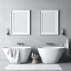 Obraz na płótnie Canvas Blank white photo art frame mock up design showcase in modern bathroom Generative AI 