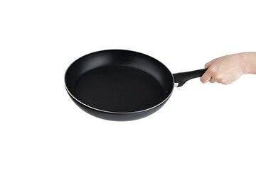 Frying pan on a white background. Frying pan in hand close-up on a white background.