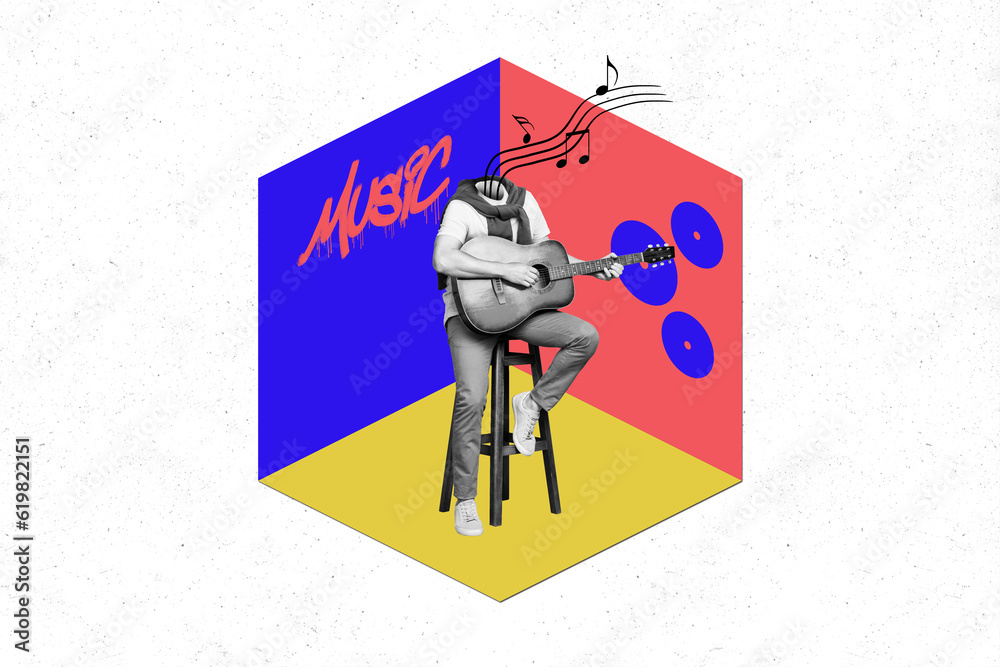 Poster composite collage picture image of man headless sitting chair stage playing guitar singer musical in