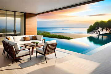 Interior design of a coastal outdoor patio with comfortable lounge chairs, beach umbrellas, and a beachfront view for a relaxing and stylish beach oasis | Generative AI