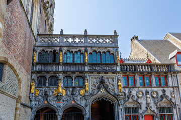 Facade of Basilica of the Holy Blood in Bruges, Belgium, a Roman Catholic basilica that houses a...
