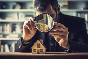 Checking and searching home with magnifying glass. Choice of house to buy and invest in. Concept of real estate inspection, appraisal, property, land valuation, house search. Generative AI