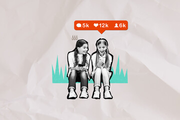 Composite collage illustration of two young kids schoolgirls have fun stats instagram popular photo shares isolated on white background