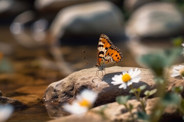 Fototapeta na wymiar A butterfly sitting on top of a rock next to flowers , Generative AI