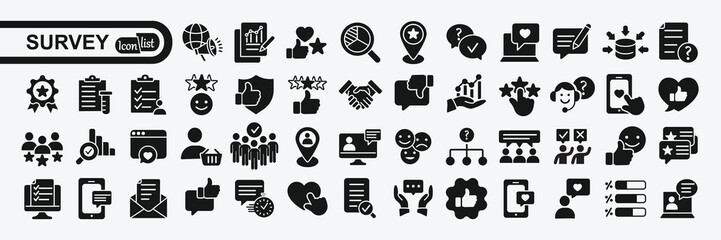 Survey icon set. Containing feedback, opinion, questionnaire, poll, research, data collection, review and satisfaction icons. Solid icon collection. Vector illustration.