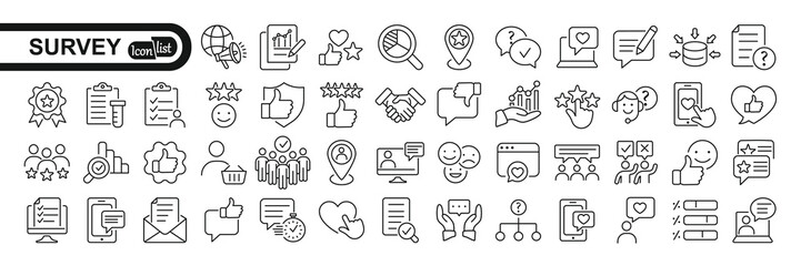 Survey icon set. Containing feedback, opinion, questionnaire, research, data collection, review and satisfaction icons. - obrazy, fototapety, plakaty