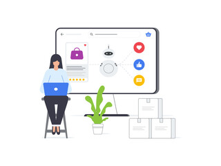 Flat vector illustration set of AI powered woman creating ads for an ecommerce platform. Empowering efficient and intelligent advertising in e commerce.