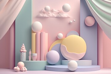Fototapeta premium Stand podium wall scene pastel color background, geometric shape for product display presentation. Minimal scene for mockup products, stage showcase, promotion display.