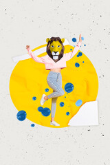 Vertical absurd collage artwork illustration head mask lion animal dancing girlfriend have fun summertime isolated on grey background