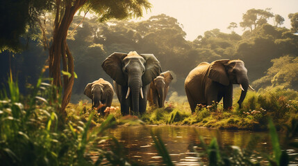 A big elephant walks along the river and the jungle new quality universal colorful technology stock image illustration design, generative ai