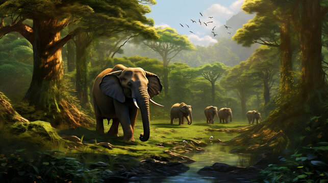 A big elephant walks along the river and the jungle new quality universal colorful technology stock image illustration design, generative ai