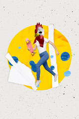 Vertical creative composite photo collage of headless girl with chicken head running hand hold skate board isolated colorful background - obrazy, fototapety, plakaty