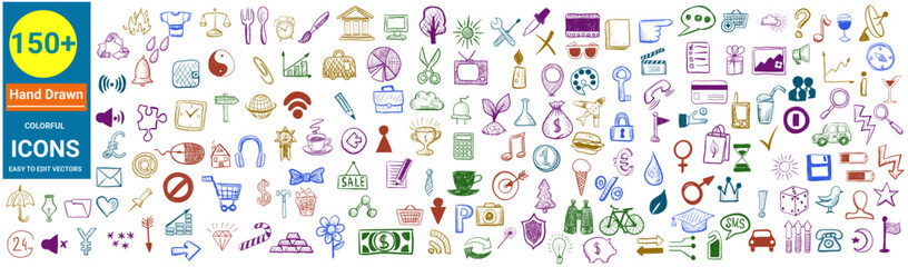 hand drawn colorful icons, pattern, icon, vector, illustration, design, set, symbol, seamless, colorful, cartoon, color, icons