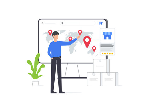 Flat vector illustration of man selects franchising location on ecommerce platform. Represents decision making process in franchise business.