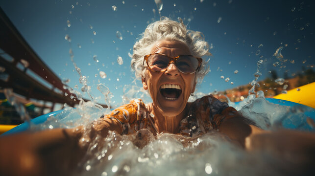 Elderly woman take fun on colorful waterslides. Generative AI