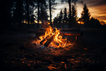 Campfire in the forest. Beautiful landscape of nature and trees. Sparks and flames. Rest by the fire. Camping in the woods. Burning firewood. Night bonfire. Generative AI