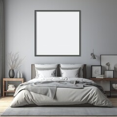 Blank white photo art frame mock up design showcase in modern bedroom Generative AI 