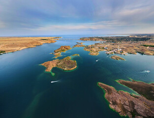 Aerial view Landscape of island in lake Kapchagay in Kazakhstan