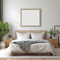 Blank white photo art frame mock up design showcase in modern bedroom Generative AI 
