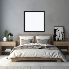 Fototapeta na wymiar Blank white photo art frame mock up design showcase in modern bedroom Generative AI 