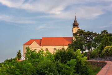 Tihany Abbey, scenic view of the Benedictine monastery, famous architectural landmark over the Balaton lake, outdoor travel and religious background, Veszprem region, Hungary