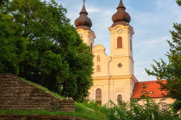 Tihany Abbey, scenic view of the Benedictine monastery, famous architectural landmark over the Balaton lake, outdoor travel and religious background, Veszprem region, Hungary