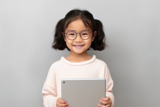 little girl holds tablet