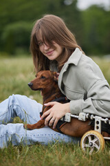 Portrait of a happy young girl cuddling with her paralyzed pet. Cheerful teenager female hugging a...