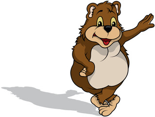 Smiling Brown Bear with Raised Paw and Crossed Legs