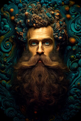 Enigmatic Depths: A Hypnotic Portrait Featuring a Man with a Swirling Beard and Hair Amidst an Ocean of Turquoise Patterns