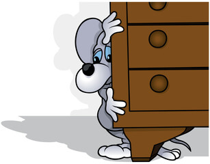 The Blue-eyed Gray Mouse is Hiding Behind Wooden Furniture