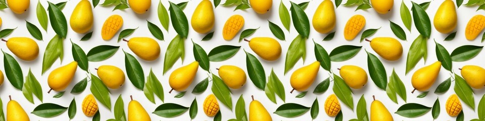 Food summer mangos fruits banner panorama wide, long, seamless pattern texture - Top view of many fresh ripe mango, slices and tropical leaves, isolated on white background texture (Generative Ai)