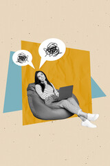 Vertical collage image of thoughtful lady touch chin minded hmm ideas brainstorming sit pouf...