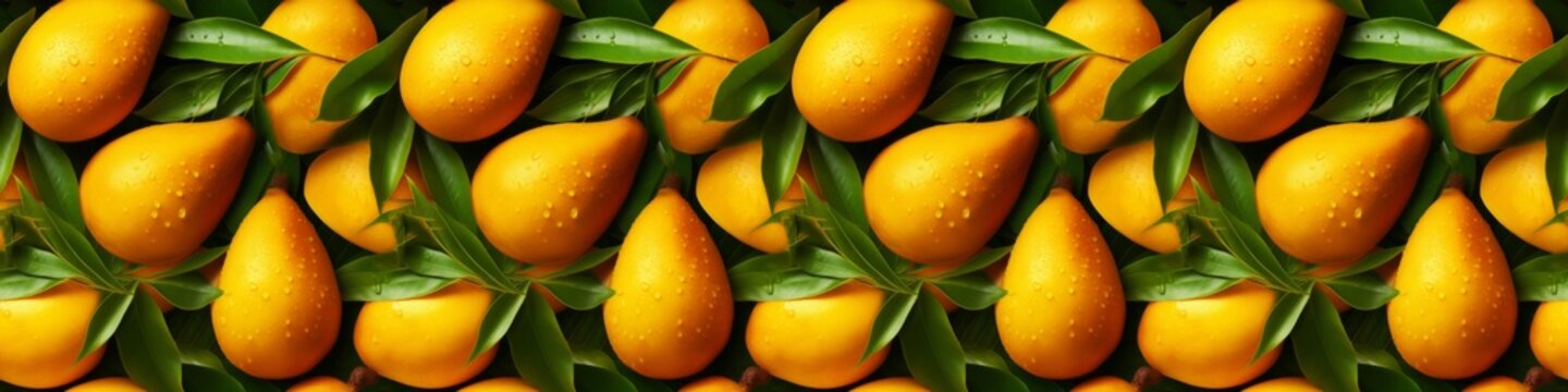 Creative food summer mangos fruits banner panorama wide, long, seamless pattern texture - Top view of many fresh ripe mango and tropical leaves (Generative Ai)