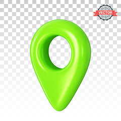 Green GPS location icon or map pointer in three-quarter front view. Realistic 3D vector graphics on transparent background