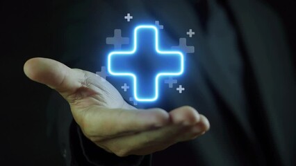 Businessman hand holding plus icons for positive thinking such as self-care, imaginative, optimism, be loved, healthy lifestyle, happiness, positive mindset or healthcare insurance symbol concept.