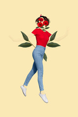 Illustration creative photo collage of carefree positive bodyless girl flying flowers instead face...