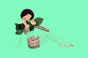 Vertical creative photo collage of invisible woman sit wear sneak skin clothes roses instead on...