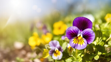 Sunlit Beauty, Pansy Flowers Blooming on a Sunny Day. Generative AI