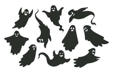 Ghosts silhouettes. Halloween spooky flying mysterious phantoms, ghosted night shadows. Scary ghosts flat vector illustrations set