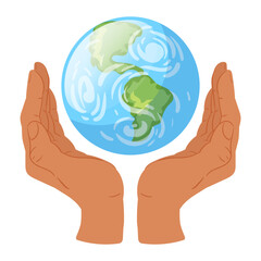 Cartoon hands holding earth. Save the planet, Earth day concept flat vector illustration. Hands hold globe
