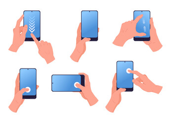 Cartoon screen touch gestures. Hands using smartphones, tap, swipe, pinch and zoom gesture flat vector illustration set. Gadgets hands signs