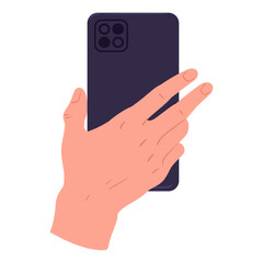 Hand holding smartphone. Cartoon mobile phone in human hand flat vector illustration. Isolated hand with gadget