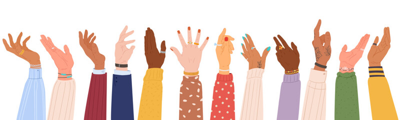 Fototapeta premium Cartoon human hands. Diverse arms with different skin colours, hands raised up flat vector illustration set. Hands gestures collection