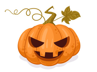 Halloween carved pumpkin. Cartoon spooky face, scary holiday pumpkin decoration, jack-o-lantern. Halloween gourd ghostface flat vector illustration