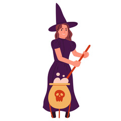 Witch Halloween character. Witchcraft female magician, witch brews potion in cauldron flat vector illustration